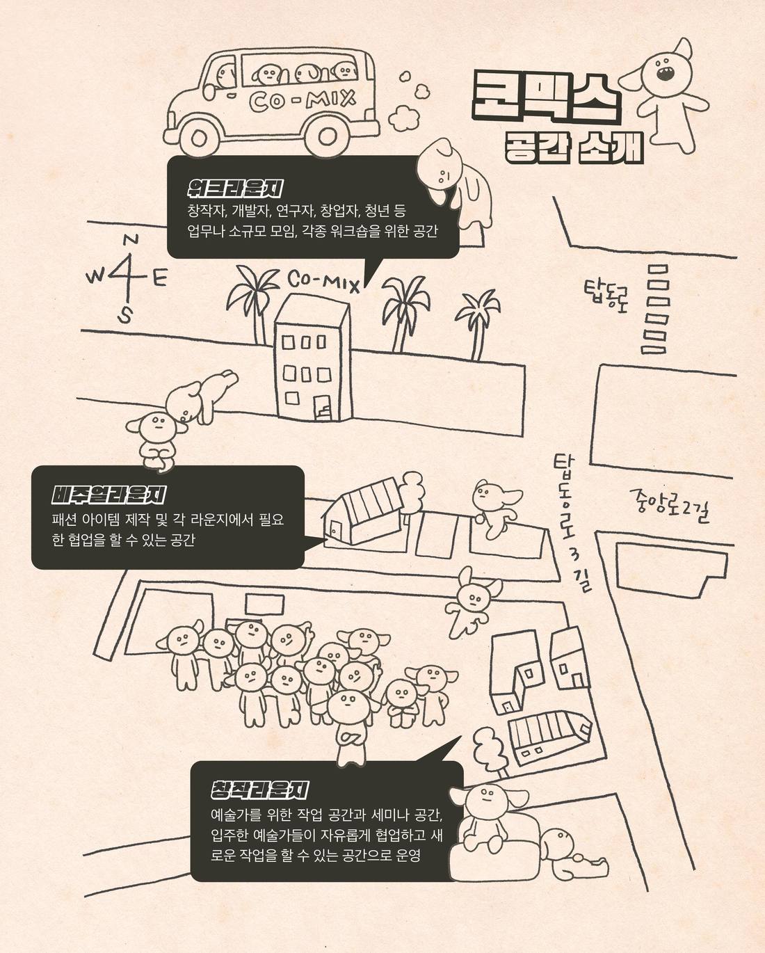 CO-MIX 공간 안내 지도 — 워크라운지, 비주얼라운지, 창작라운지